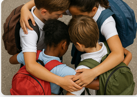 Estudiantes abrazados en círculo